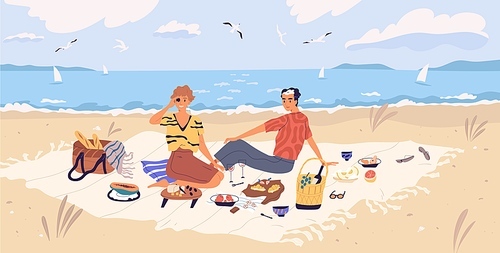 Happy couple drinking wine and eating at seaside. Young man and woman spending time together at picnic on sandy beach. People resting and enjoying outdoor date. Flat vector illustration.