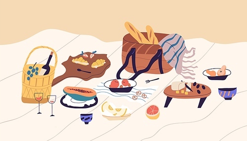 Still life of beach picnic. Blanket with served food and alcohol for romantic date. Basket with cheese, croissants, fruits, berries, bottle of wine and baguette. Colorful flat vector illustration.