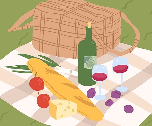 Composition for outdoor picnic serving on blanket vector flat illustration. Fresh tasty baguette, vine, cheese and fruits for outside romantic date at park. Basket, meal and drink on green grass.