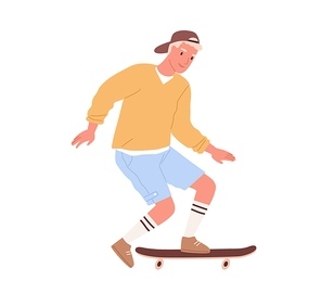 Modern skateboarder pushing with foot and riding skateboard. Young male skater with long board. Summer outdoor activity. Colored flat cartoon vector illustration isolated on white .