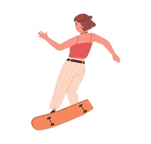 Female skateboarder riding skateboard. Young skater performing trick on long board. Summer street activity. Colored flat cartoon vector illustration of woman on longboard isolated on white .