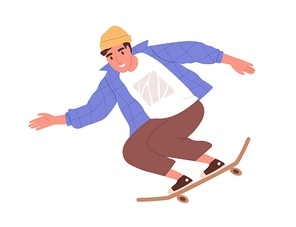 Skateboarder riding skateboard. Young skater training on long board. Summer street activity. Colored flat cartoon vector illustration of happy teenager on longboard isolated on white .