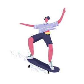 Modern male skateboarder riding skateboard. Young guy performing tricks and jumping on long board. Extreme skateboarding, summer street sport. Flat vector illustration isolated on white .