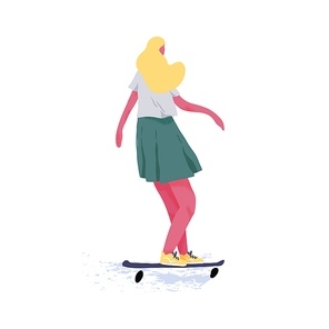 Female skateboarder riding skateboard. Young woman skater standing on board. Extreme sport with longboard. Summer street activity. Flat textured vector illustration isolated on white .