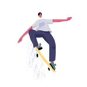 Modern skateboarder jumping and showing tricks with skateboard. Young skater with longboard. Extreme sport. Street activity. Flat textured vector illustration isolated on white .