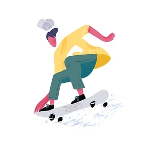 Young faceless skateboarder riding skateboard. Modern male skater with skate board. Extreme summer sport. Flat textured vector illustration isolated on white .