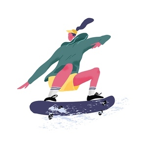 Skater riding skateboard. Skateboarder jumping or tricking on skate board. Summer sports activity. Flat textured graphic vector illustration isolated on white 