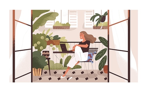 Woman working or relaxing with laptop at home balcony garden with furniture and potted plants. Modern trendy eco-style interior with greenery. Colored flat textured vector illustration.