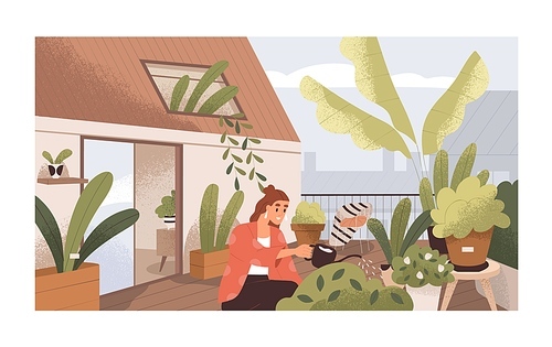 Woman watering plants at home balcony garden with greenery. Modern trendy eco-style interior of terrace with houseplants in pots or planters. Colored flat textured vector illustration.