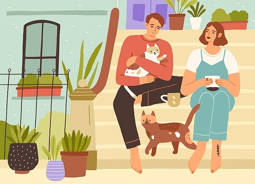 Young couple spending leisure time together with cats on the front porch of house, drinking tea, relaxing and enjoying slow life. Calm people resting in silence near home. Flat vector illustration.