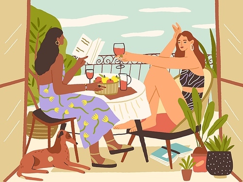 Relaxed young women sitting with glass of wine and book at balcony at summertime. Female characters enjoying quiet leisure time at home on a sunny day. Concept of slow life. Flat vector illustration.