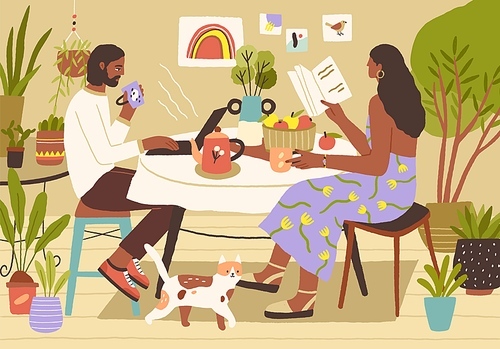 Young couple enjoying spending leisure time at home. Man surfing at the internet or working with laptop, woman reading book. Leisurely breakfast and slow life concept. Colored flat vector illustration