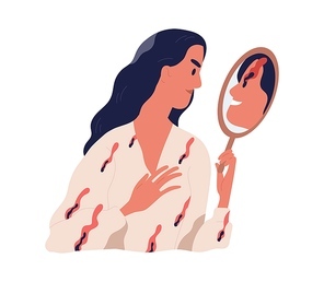 Person looking at mirror reflection with her inner devil. True self and real nature concept. Psychological problems of personality. Colored flat vector illustration isolated on white .
