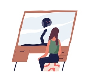Person looking at true self in mirror reflection. Meeting with shadow personality. Psychological concept of real nature. Flat vector illustration of woman with her evil and scary inner world.