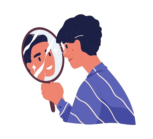 Ugly man with acne looking at mirror reflection and dreaming to be beautiful confident guy. Concept of high self-esteem and inadequate perception. Flat vector illustration isolated on white 