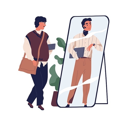 Man in outdated clothes looking at fake mirror reflection and dreaming to be successful modern businessman. Distorted self-perception of personality concept. Flat vector illustration isolated on white