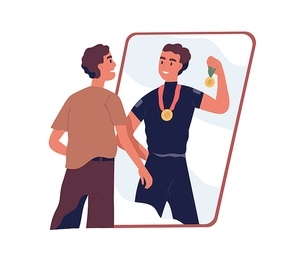 Ordinary man looking at fake mirror reflection and dreaming to be successful strong athlete and sports winner with medals in future. Colored flat vector illustration isolated on white .