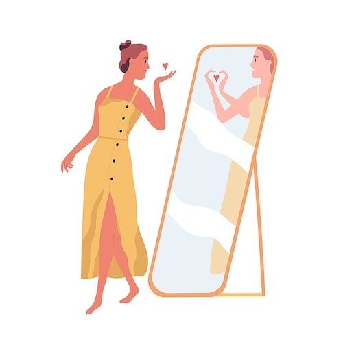 Happy beautiful woman sending air kiss to her mirror reflection. Self-love and acceptance concept. Person with healthy self-perception. Colored flat vector illustration isolated on white .