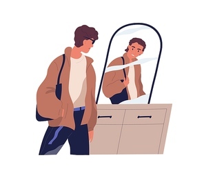 Low self-esteem concept. Unhappy man with unhealthy distorted perception looking at fake mirror reflection. Colored flat vector illustration of unconfident person isolated on white .