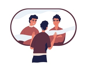 Psychological concept of split personality, bipolar disorder, and divided self. Person with conflicting inner voices of subpersonalities. Colored flat vector illustration isolated on white .