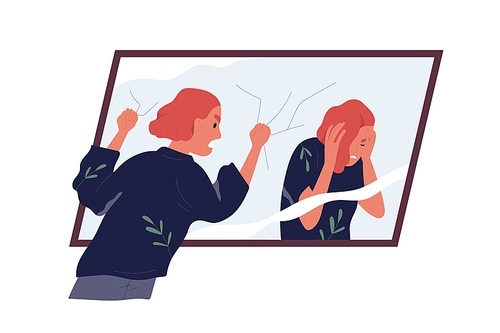 Concept of self-judgment, criticism, and mental problems. Inner critic blaming, shaming, and shouting at mirror reflection. Woman feeling guilty. Colored flat vector illustration isolated on white.