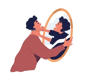 Self-violence and abuse concept. Person with inner conflict and mental health problems. Angry man fighting with his mirror reflection. Flat vector illustration isolated on white .