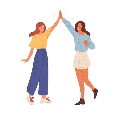 Happy people giving high five. Friends greeting or supporting each other. Informal hi gesture. Concept of friendship, partnership and success. Flat vector illustration isolated on white .