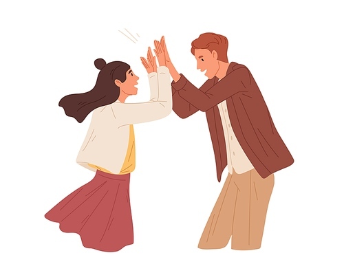 Happy people giving high five and celebrating achievement. Couple of man and woman gesturing hi. Concept of partnership and support. Color flat cartoon vector illustration isolated on white 