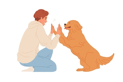 Scene with smart dog giving high five to person. Man's hands clapping pet's paws. Concept of friendship between people and animal. Colored flat vector illustration isolated on white .