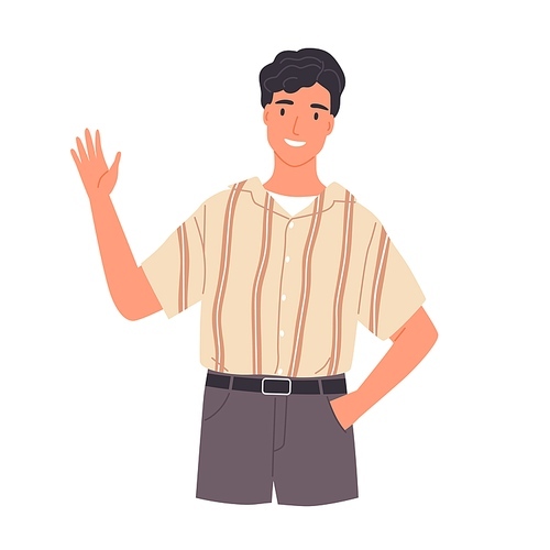 Portrait of smiling young man saying hello and waving with hand. Hi or bye gesture. Happy guy greeting and welcoming smb. Colored flat vector illustration isolated on white .