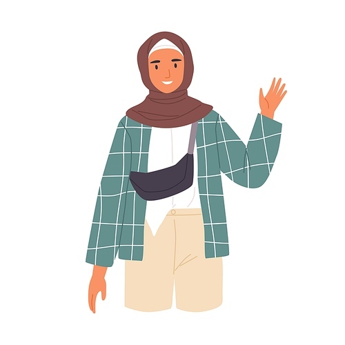 Young Muslim woman waving with hand and saying hello. Modern Arab character in hijab gesturing hi, greeting and welcoming smb. Colored flat cartoon vector illustration isolated on white .
