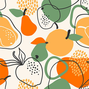 Vector seamless pattern with apples and pears. Trendy hand drawn textures. Modern abstract design for paper, cover, fabric, interior decor and other users.