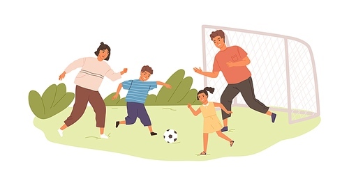 Happy active family playing football or soccer outdoors. Kids and parents spending time together in summer. Colored flat vector illustration of sports game isolated on white .