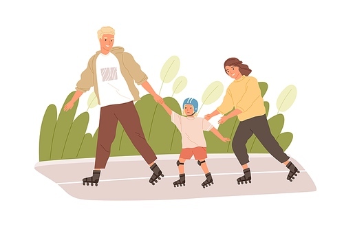 Happy active family roller skating in park together. Kid learning to rollerblade with help of mother and father. Summer sports activity. Colored flat vector illustration isolated on white .