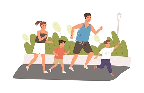 Happy and healthy family with kids jogging or running in summer. Active parents with children exercising in park together. Colored flat vector illustration isolated on white .