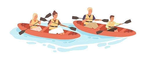 Happy active family with kids rafting on kayak or canoe along river in summer. Parents and children rowing with paddles in boats together. Flat vector illustration isolated on white .