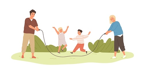 Happy active kids jumping over skipping rope, held by parents. Family spending leisure summer time outdoors playing with children. Colored flat cartoon vector illustration isolated on white 