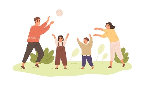 Happy healthy family with kids playing with ball outdoors. Parents and children spending leisure time together in nature. Colored flat vector illustration of active people isolated on white 