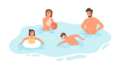 Happy family with kids swimming and playing in pool together. Father, mother and children spending leisure summer time together. Colored flat graphic vector illustration isolated on white .
