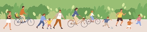 Crowd of happy people in public park. Lot of active adults and kids riding bicycles, jogging and playing in summer. Outdoor leisure activities at weekend. Colored flat cartoon vector illustration.