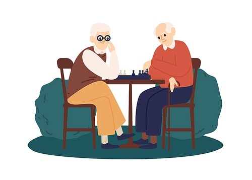 Two retired men sitting at table in the park and playing chess. Elderly friends enjoy strategy board game. Aged people recreation and hobby. Vector illustration in flat cartoon style isolated on white