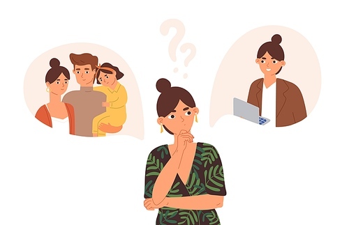 Young concerned woman choosing between family and career. Hard question about life and work balance, children and professional opportunities. Flat vector illustration isolated on white .