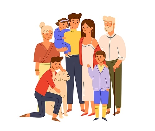 Members of big happy family standing together with senior grandparents, parents, children and dog. Portrait of mother and father with kids. Color flat vector illustration isolated on white .