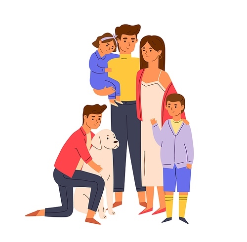 Portrait of big happy family standing together. Young smiling parents, children, baby and dog. Couple with kids and pet. Colored flat cartoon vector illustration isolated on white .