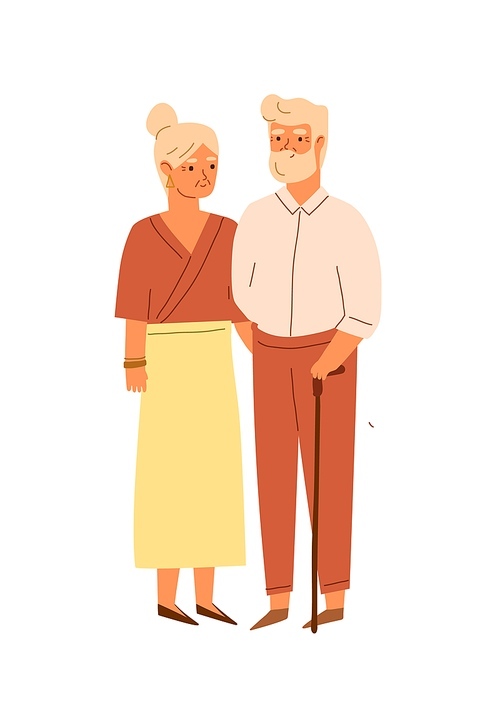 Happy senior romantic couple of old woman and man with walking stick. Portrait of two elderly people standing together. Aged husband and wife. Colored flat vector illustration isolated on white.