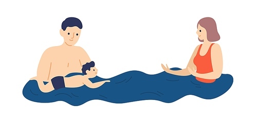 Parents teaching child to swim. Family on vacation. Mother and father spend time with kid in swimming pool. Scene of parenting and active lifestyle. Vector illustration in flat cartoon style.