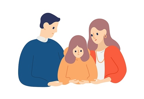 Parents calming down and support unhappy child. Mother and father hug and empathize daughter. Scene of empathy and family care. Flat vector cartoon illustration isolated on white.