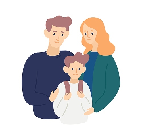 Parents hug and support child on his first day at school. Mother and father care and love son. Happy family portrait. Scene of parenting, togetherness. Flat vector cartoon illustration.