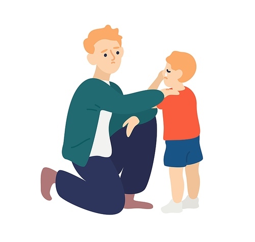 Parent hug and soothe crying child. Father empathize and calming down his son. Dad wiping tears away from kids face. Flat vector cartoon illustration of family support or parenting isolated on white.