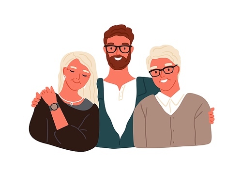 Portrait of happy family hugging each other vector flat illustration. Smiling adult man embracing mature parents or grandparents isolated on white . Adorable relatives feeling love.